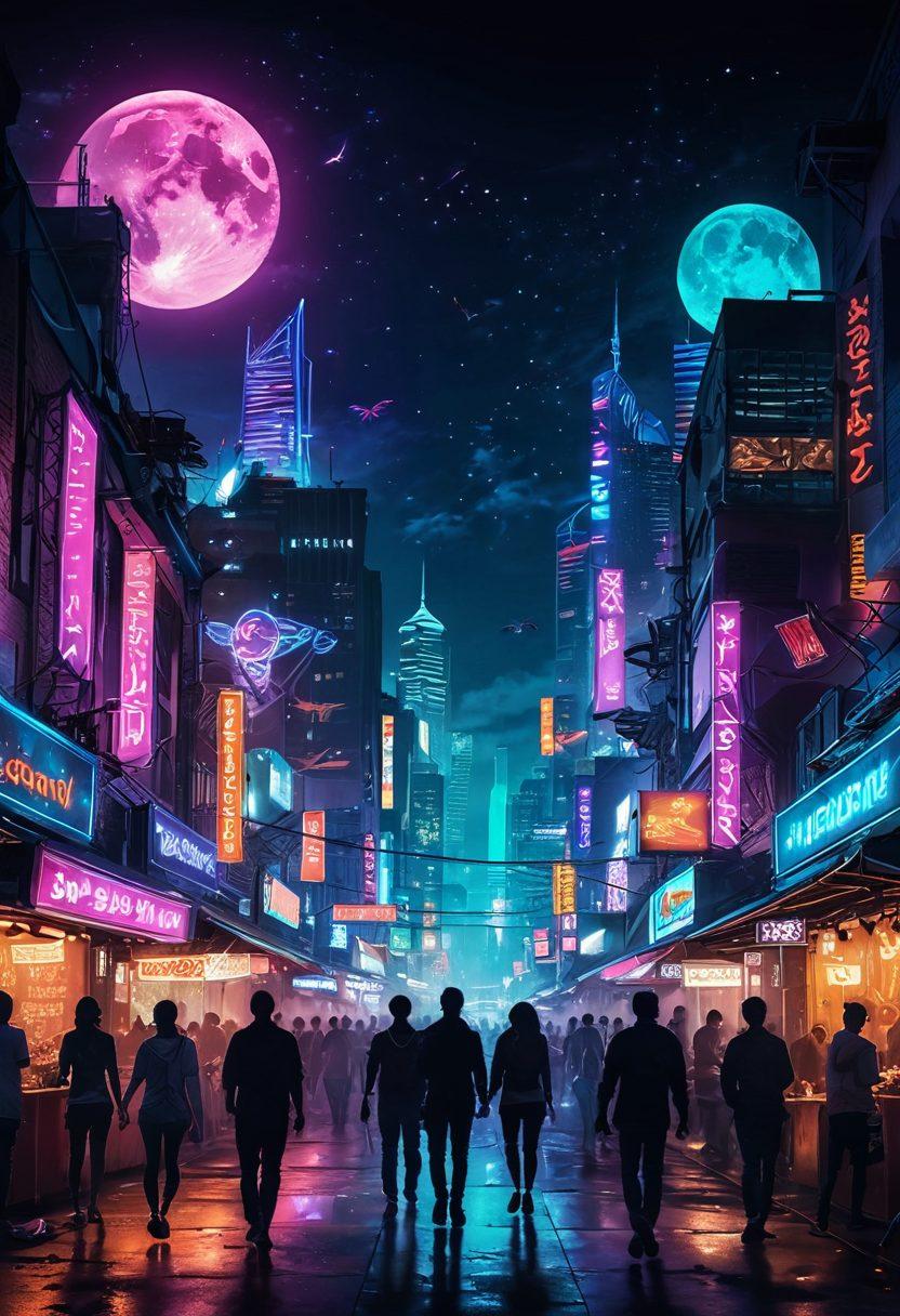 A vibrant cityscape at night, showcasing neon lights and stylish entertainment venues, with silhouettes of people joyfully celebrating and dancing together. Incorporate elements of various cultures through street art and food stalls, highlighting diversity and excitement. A dreamy moonlit sky adds a whimsical touch, inviting viewers to embark on an adventurous journey. cyberpunk. vibrant colors. super-realistic.