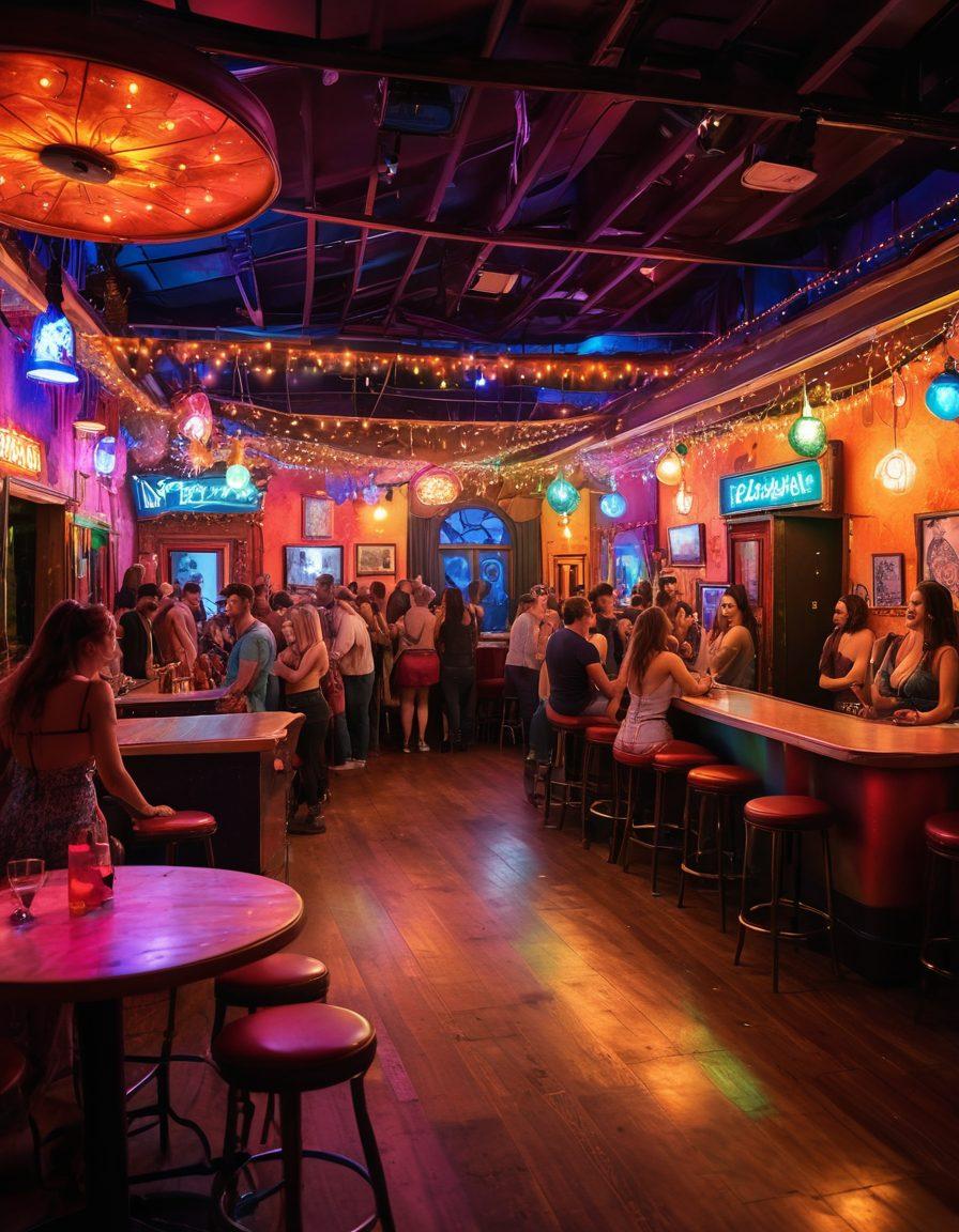 A whimsical scene depicting a vibrant, eclectic adult entertainment venue filled with colorful lights, playful decor, and smiling patrons enjoying various forms of entertainment. Include a stage with performers showcasing their art, couples laughing together, and a lively dance floor. The atmosphere should convey joy, creativity, and a sense of freedom. super-realistic. vibrant colors. festival-like ambiance.